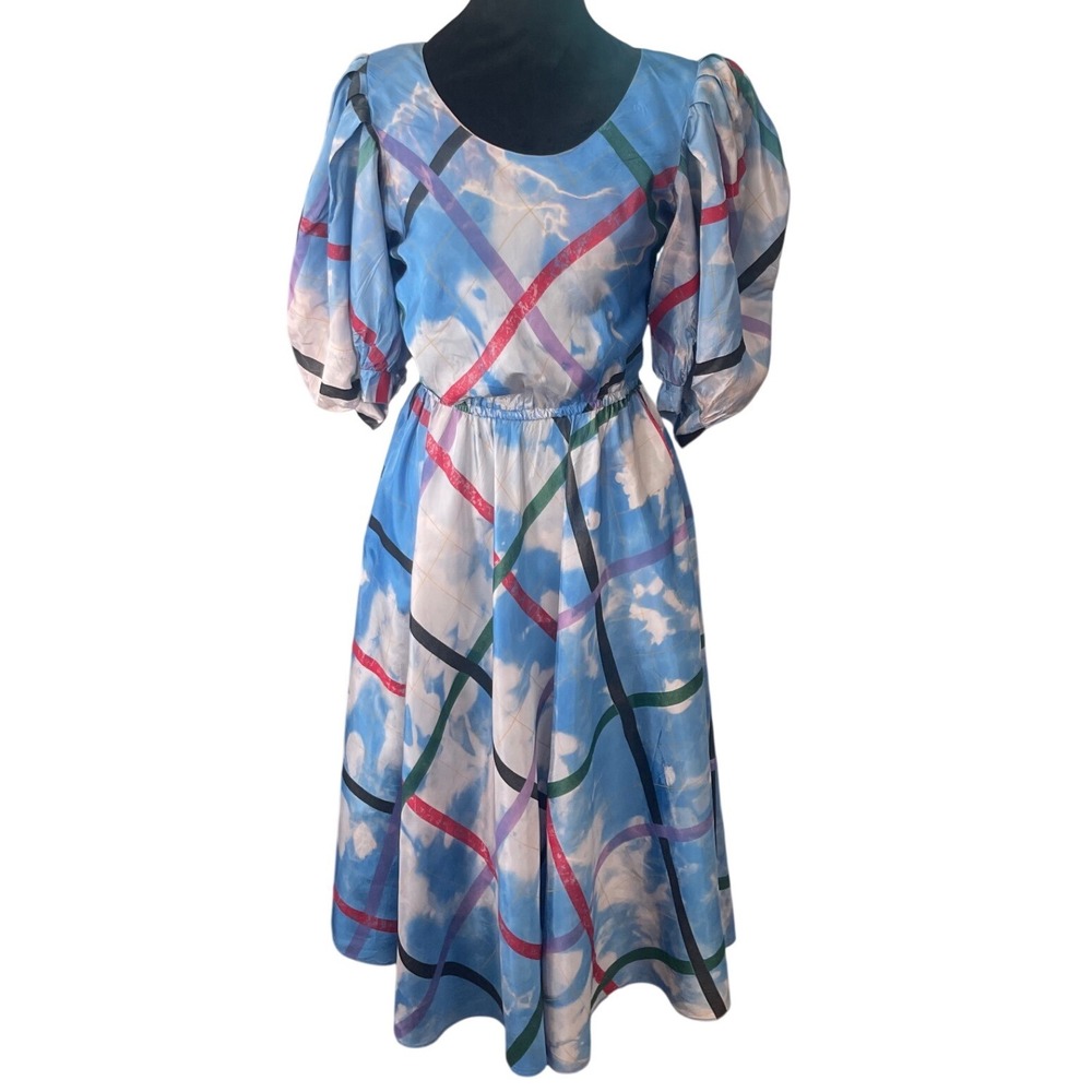 Choon Vintage Cloud Sky Print Puff Sleeve Midi‎ Dress Blue Abstract 80s 90s